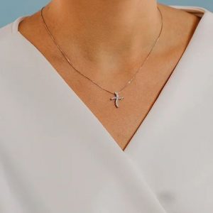 Collana Comete Gioielli Donna "Onda" Croce Oro Bianco E Diamanti GLB 1528