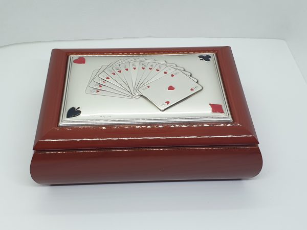 Scatola Box Cofanetto In Legno E Argento 925° Con Carte Da Poker E Dadi