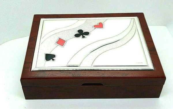 Scatola Box Cofanetto In Legno E Argento 925° Con Carte Da Poker E Fish International Gift 1513/4887
