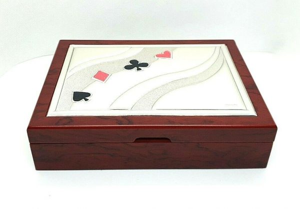 Scatola Box Cofanetto In Legno E Argento 925° Con Carte Da Poker E Fish International Gift 1513/4887